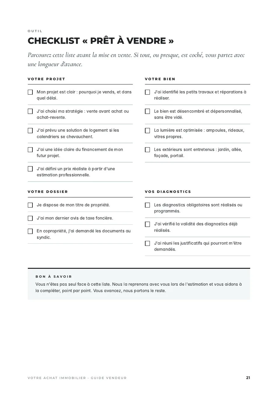 Aperçu : La checklist « Prêt à vendre »